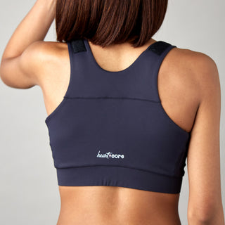 Back view of black Shirl Post-Surgical Bra for heart surgery and other procedures limiting mobility, showing racerback straps that won't slip or slide off shoulders.