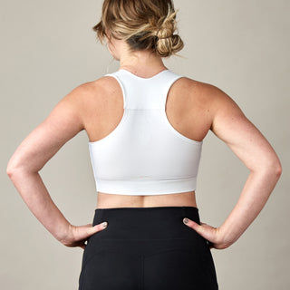Back view of white Larissa Post-Surgical Bra for recovery with drain management, showing racerback design.